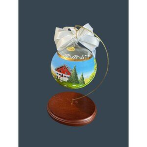Mouth Blown Hand Painted Glass Ornament Farm Scene w/ Wood Stand Germany 4"